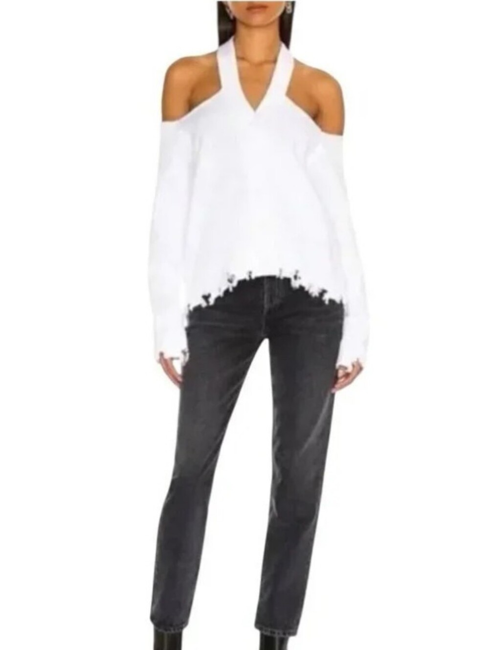 525 America 8White Cold-Shoulder Distressed Hem Sweater Medium Nwt